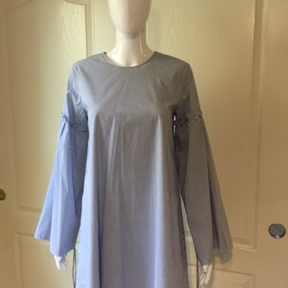 TIBI Satin Poplin trapeze Dress ELLIOT STRIPE Blue - Picture 6 of 8